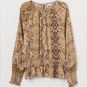 H&M Beige Snakeskin Patterned Blouse w/ Smocking - Size 2